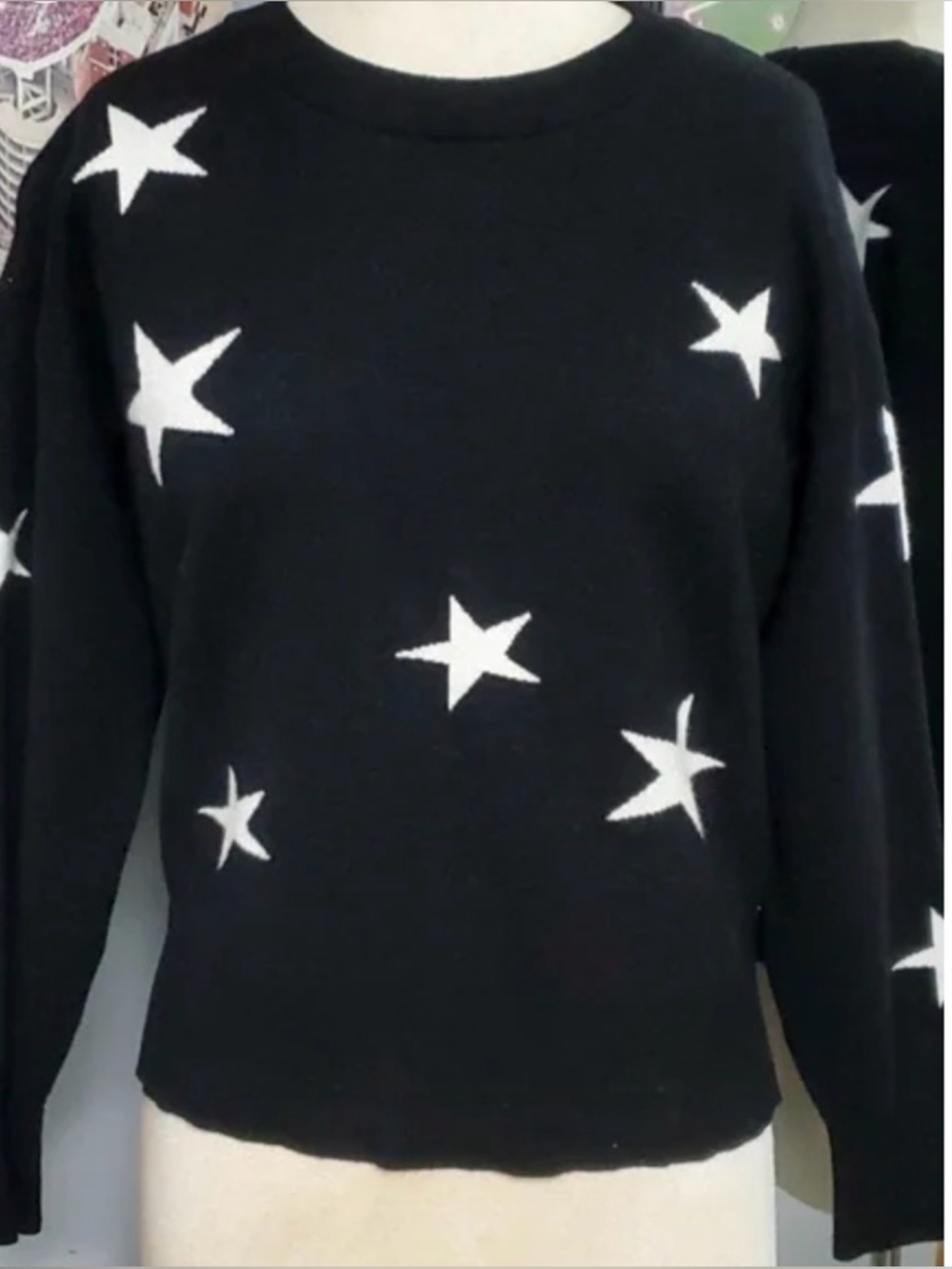 Rachel Zoe Black Crewneck Sweater with White Star Pattern, Soft & Warm M
